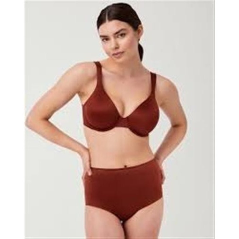 NWT Spanx 38D Unlined Full Coverage Satin Bra 30077R Brown 117653